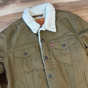 Levi's Sherpa Trucker Jacket Mens Small Canvas Lined Olive Drab Casual